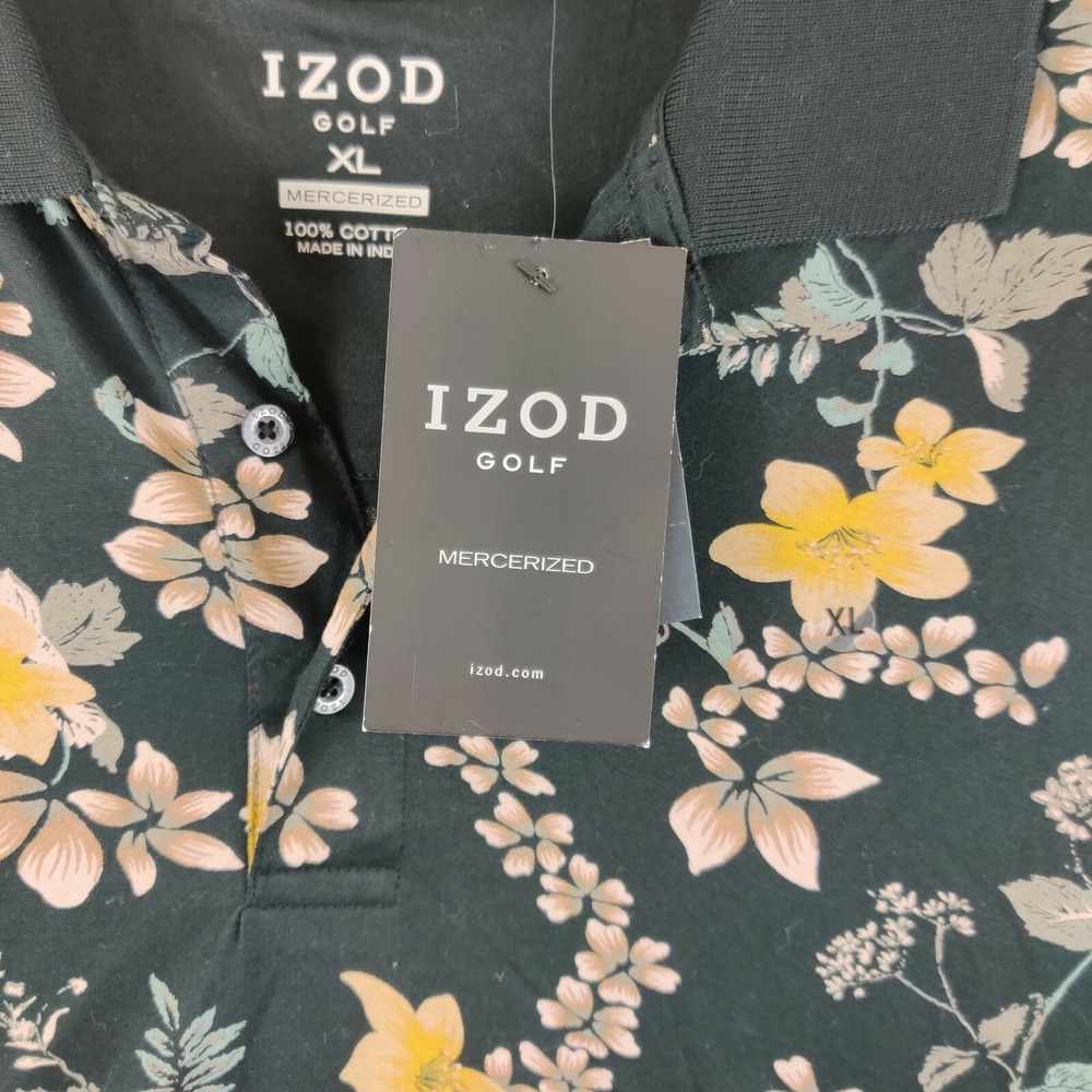 Izod Mens Large Black Floral Polo Golf Rugby Casual Shirt - Picture 6 of 11